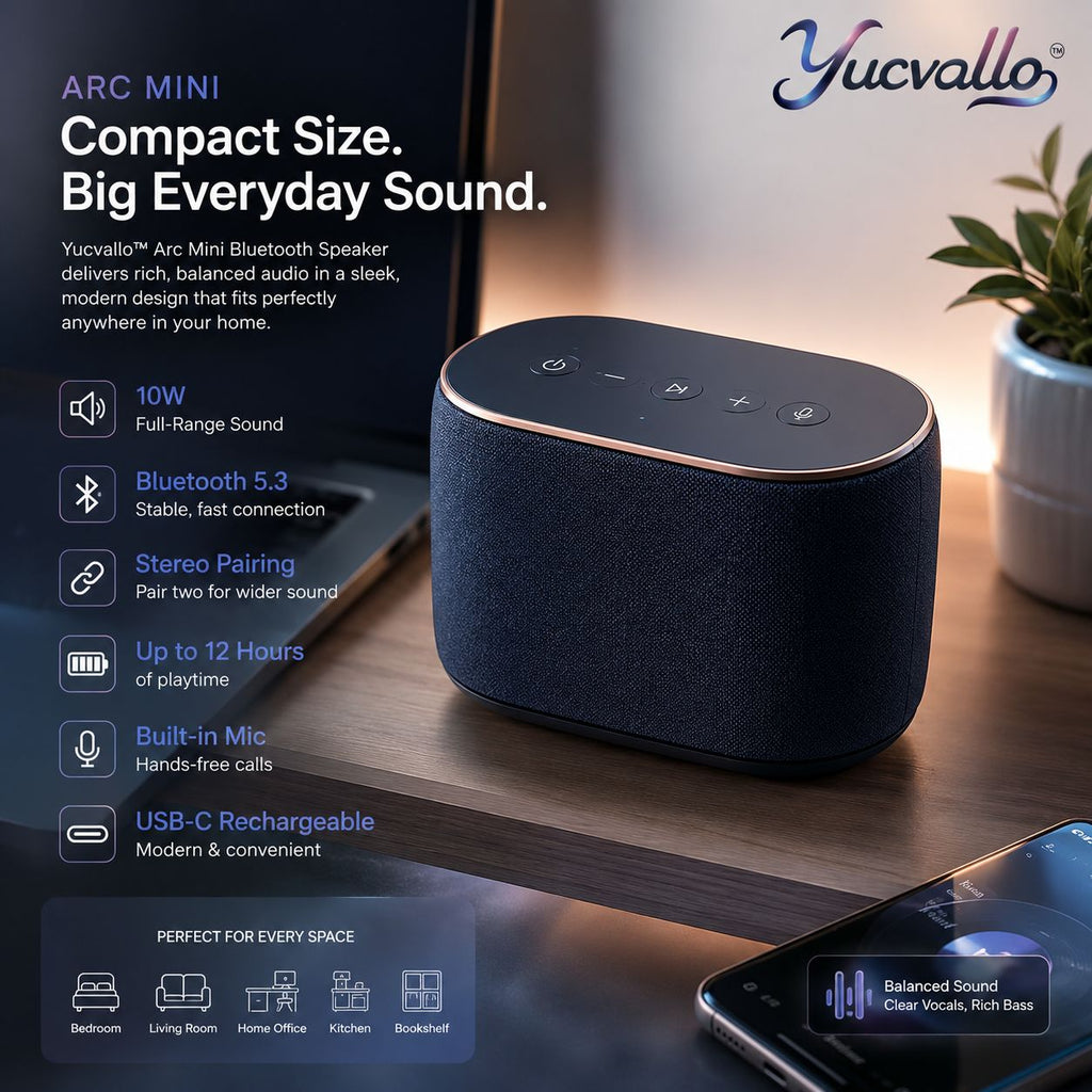 Yucvallo™ Arc Mini Bluetooth Speaker – Portable Wireless Home Speaker with USB-C Charging, Stereo Pairing & Built-In Microphone