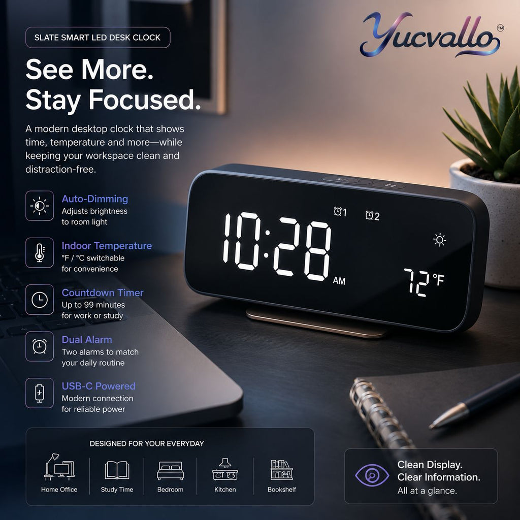 Yucvallo™ Slate Smart LED Desk Clock – Digital Desktop Clock with Temperature Display, Timer & Auto-Dimming Sensor