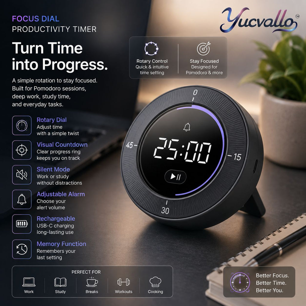 Yucvallo™ Focus Dial Productivity Timer – Digital Pomodoro Desk Timer with Rotary Control, Visual Countdown & Silent Mode