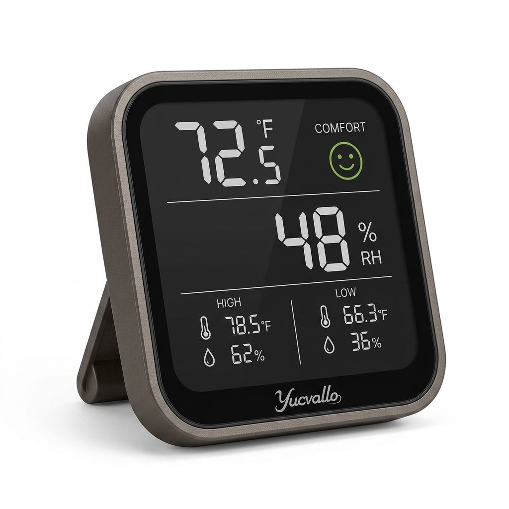 Yucvallo™ AirSense Mini Indoor Monitor – Digital Temperature & Humidity Meter with Comfort Indicator and Memory Display