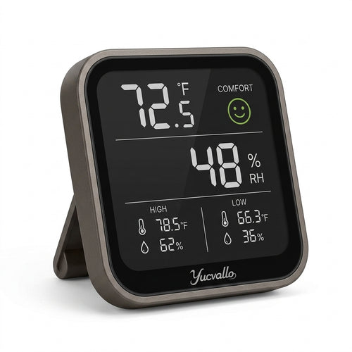 Yucvallo™ AirSense Mini Indoor Monitor – Digital Temperature & Humidity Meter with Comfort Indicator and Memory Display