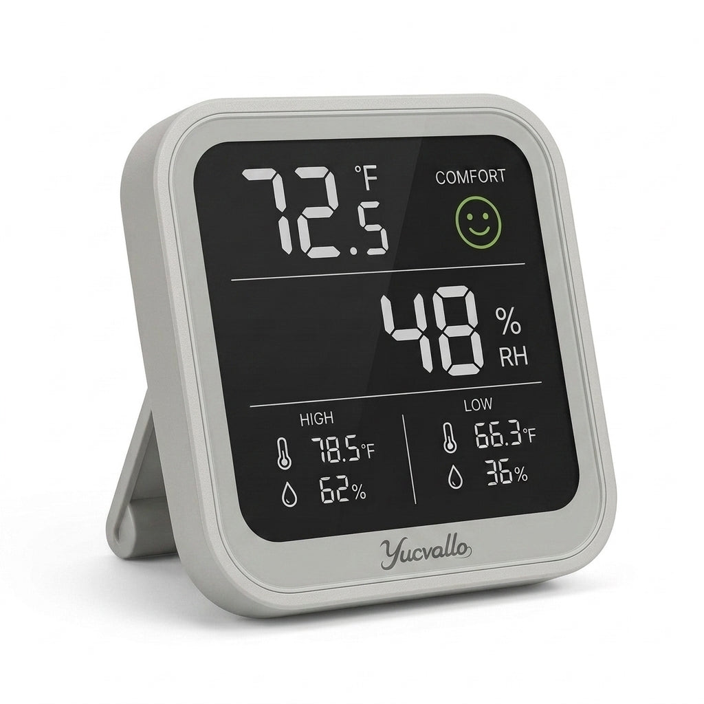 Yucvallo™ AirSense Mini Indoor Monitor – Digital Temperature & Humidity Meter with Comfort Indicator and Memory Display