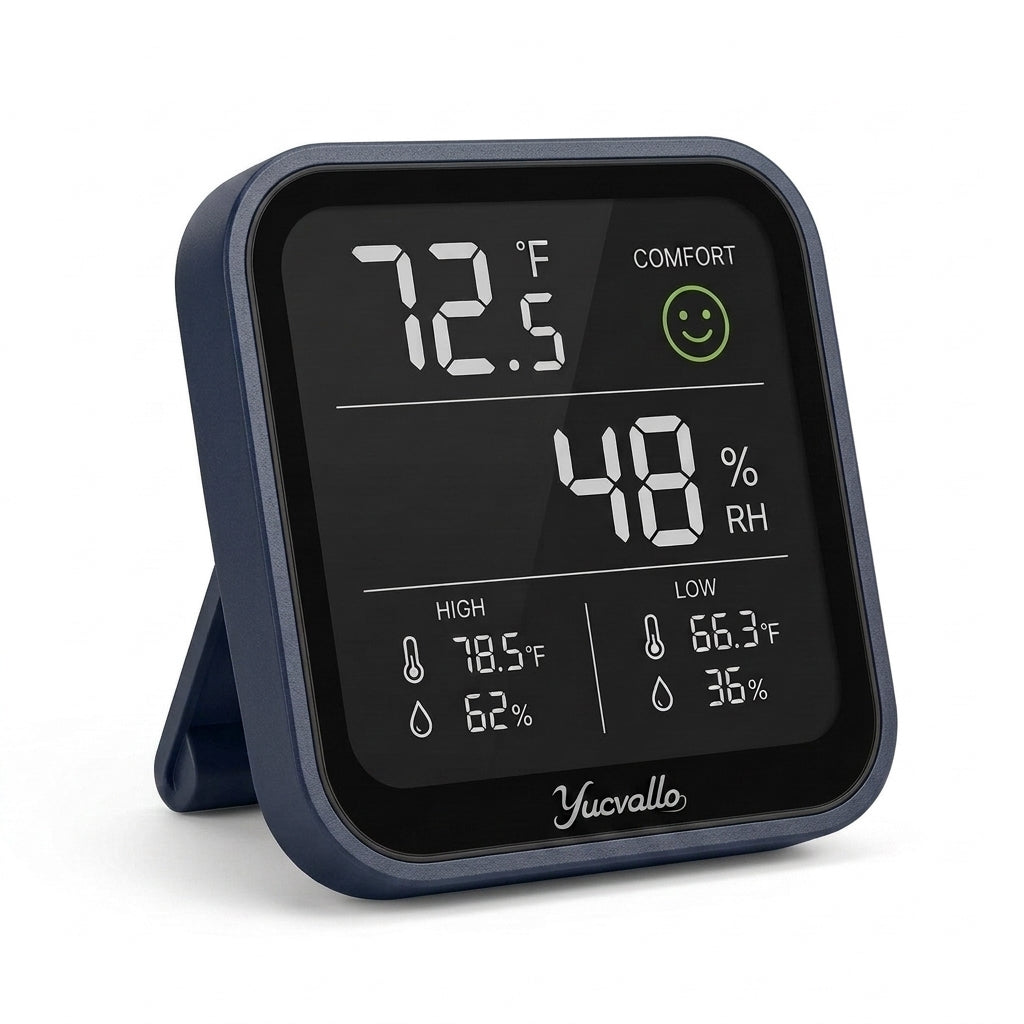 Yucvallo™ AirSense Mini Indoor Monitor – Digital Temperature & Humidity Meter with Comfort Indicator and Memory Display