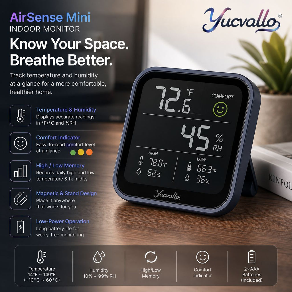 Yucvallo™ AirSense Mini Indoor Monitor – Digital Temperature & Humidity Meter with Comfort Indicator and Memory Display