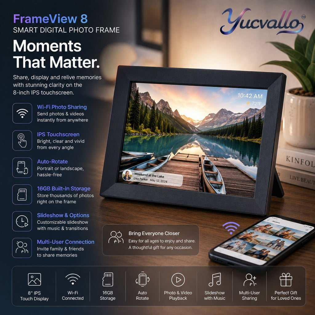 Yucvallo™ FrameView 8 Smart Digital Photo Frame – 8-Inch Wi-Fi Photo Display with IPS Touchscreen, Auto-Rotate & 16GB Storage