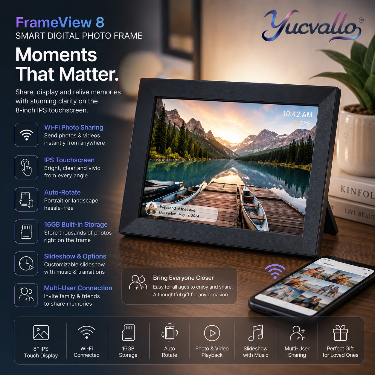Yucvallo™ FrameView 8 Smart Digital Photo Frame – 8-Inch Wi-Fi Photo Display with IPS Touchscreen, Auto-Rotate & 16GB Storage