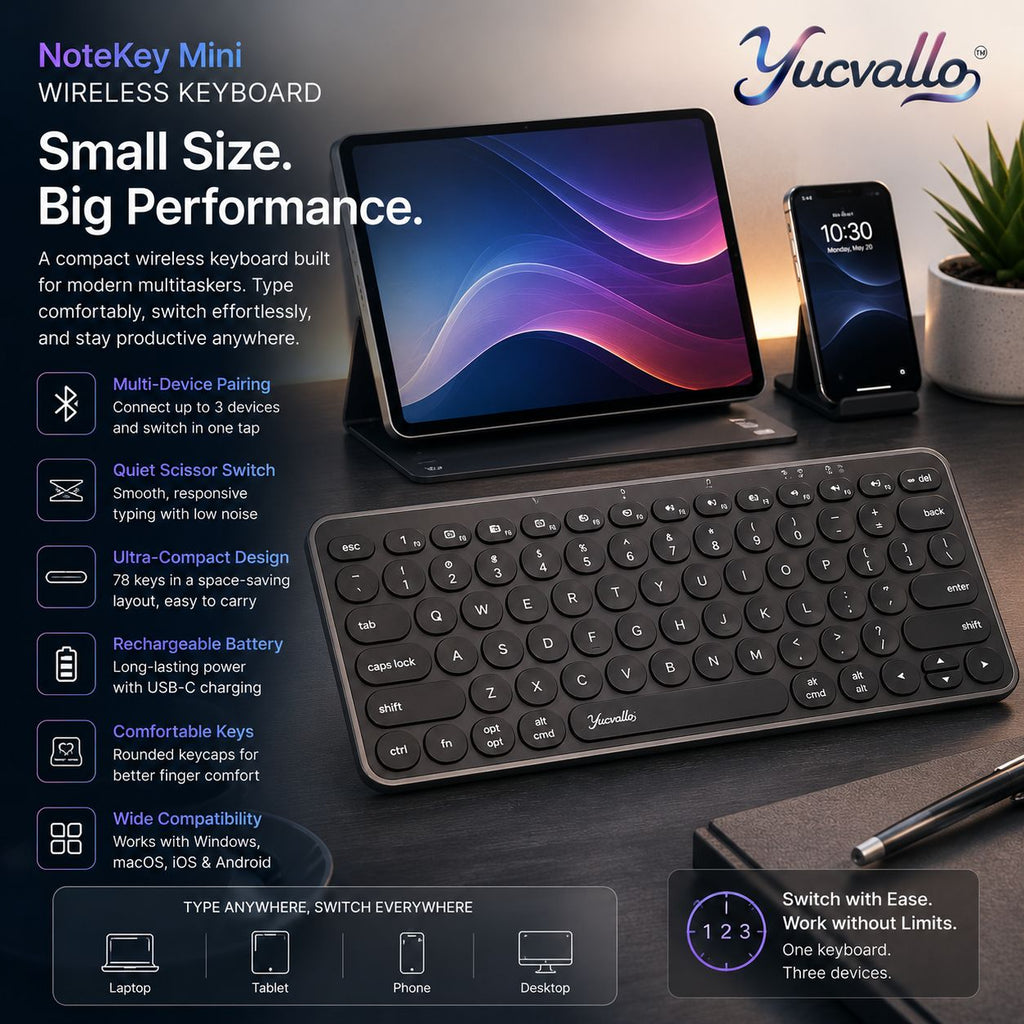 Yucvallo™ NoteKey Mini Wireless Keyboard – Compact Bluetooth Keyboard with Multi-Device Switching & USB-C Rechargeable Battery