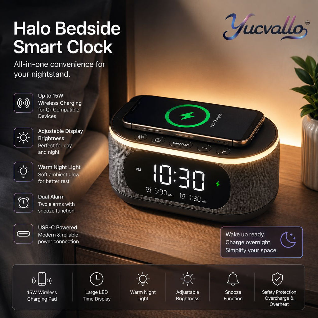 Yucvallo™ Halo Bedside Smart Clock – Digital Alarm Clock with Wireless Charging Pad, Adjustable Display & Night Light