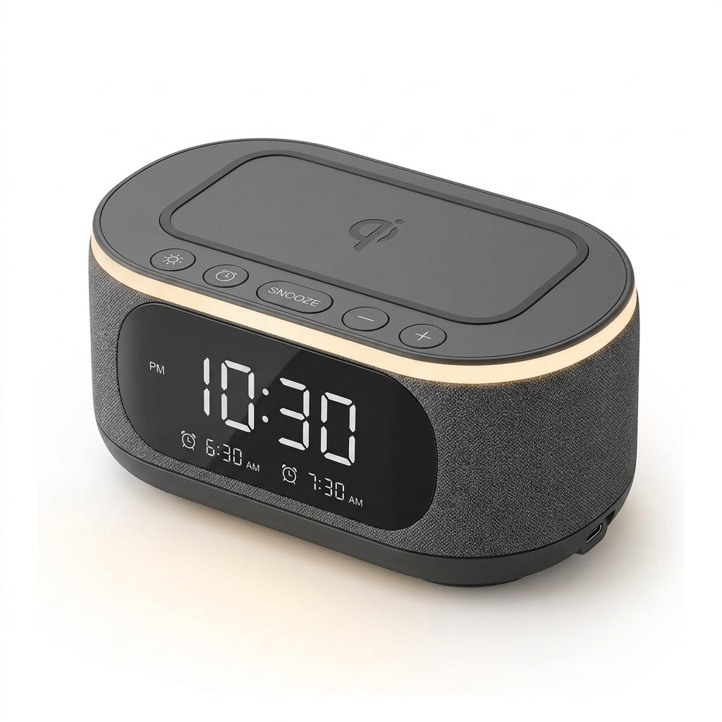 Yucvallo™ Halo Bedside Smart Clock – Digital Alarm Clock with Wireless Charging Pad, Adjustable Display & Night Light