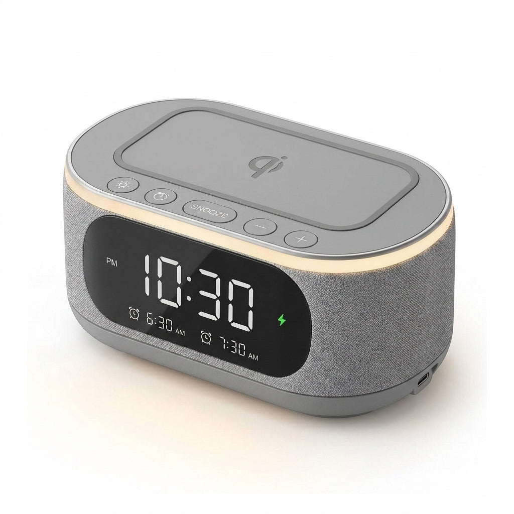 Yucvallo™ Halo Bedside Smart Clock – Digital Alarm Clock with Wireless Charging Pad, Adjustable Display & Night Light
