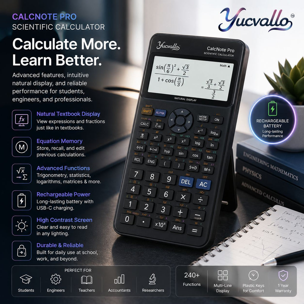 Yucvallo™ CalcNote Pro Scientific Calculator – Advanced Non-Graphing Calculator with Natural Display, Equation Memory & USB-C Rechargeable Power