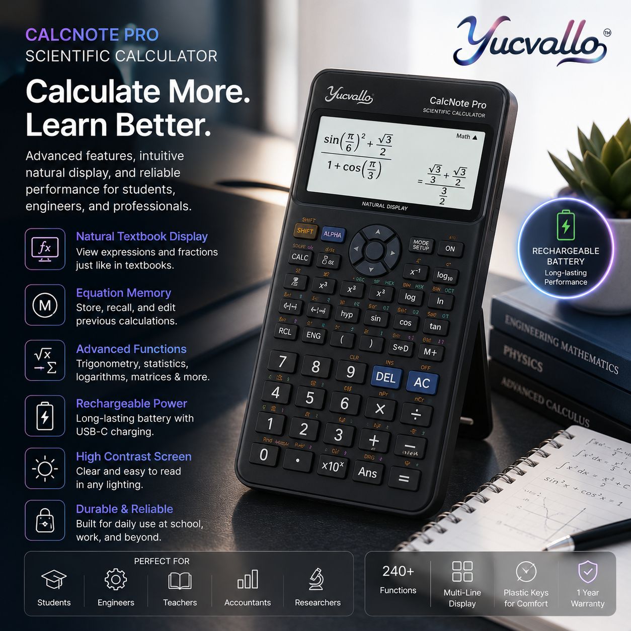 Yucvallo™ CalcNote Pro Scientific Calculator – Advanced Non-Graphing Calculator with Natural Display, Equation Memory & USB-C Rechargeable Power