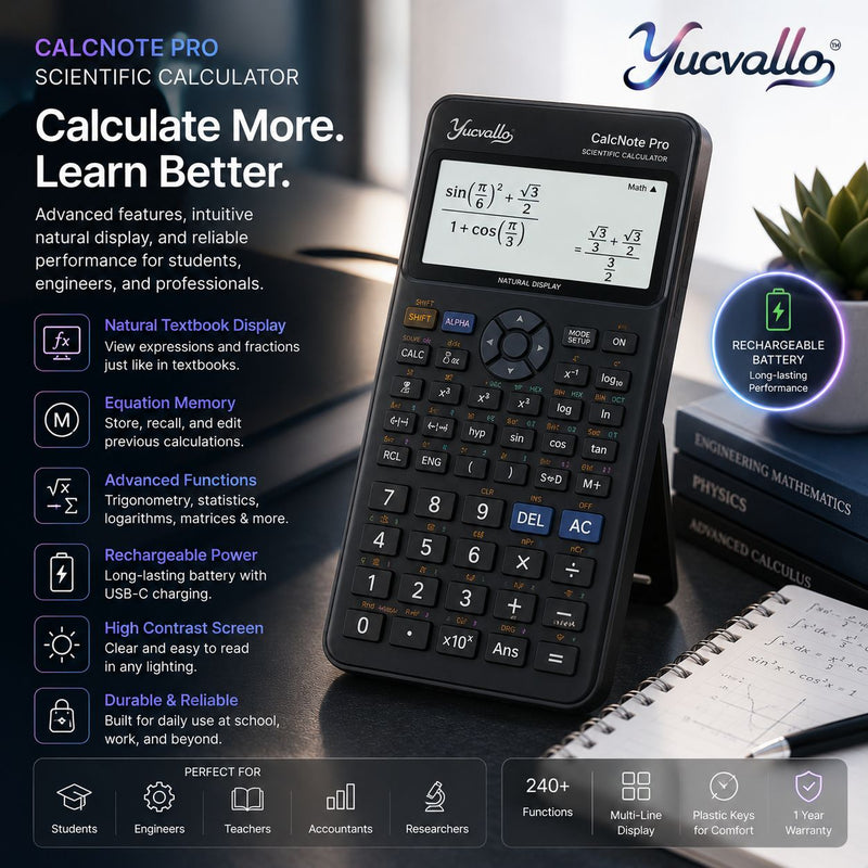 Yucvallo™ CalcNote Pro Scientific Calculator – Advanced Non-Graphing Calculator with Natural Display, Equation Memory & USB-C Rechargeable Power