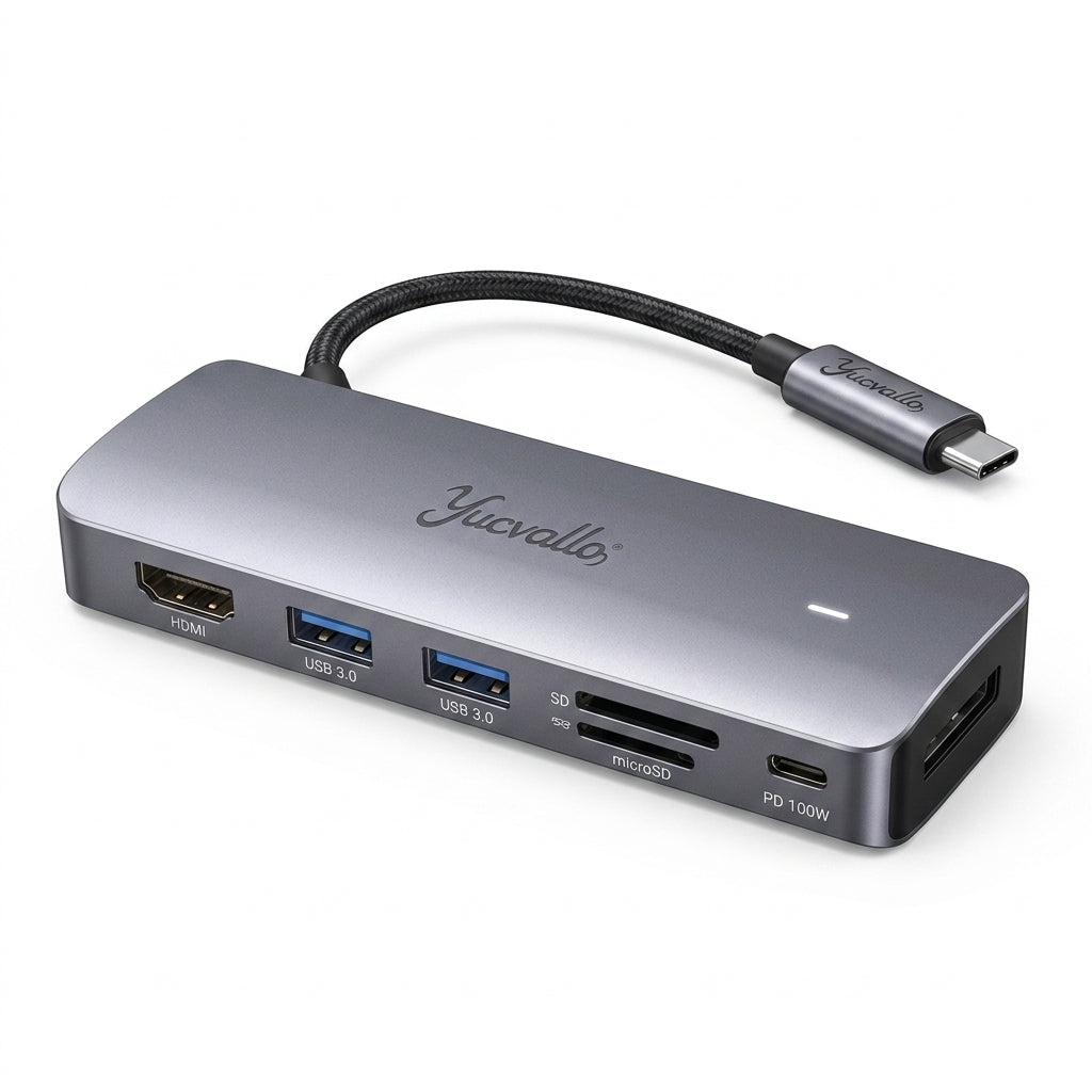 Yucvallo™ PocketHub 6 USB-C Desk Hub – 6-in-1 USB-C Hub with HDMI, USB-A, SD/microSD & 100W PD Pass-Through