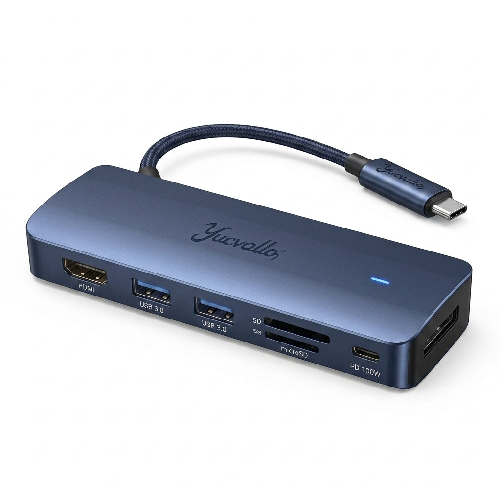 Yucvallo™ PocketHub 6 USB-C Desk Hub – 6-in-1 USB-C Hub with HDMI, USB-A, SD/microSD & 100W PD Pass-Through