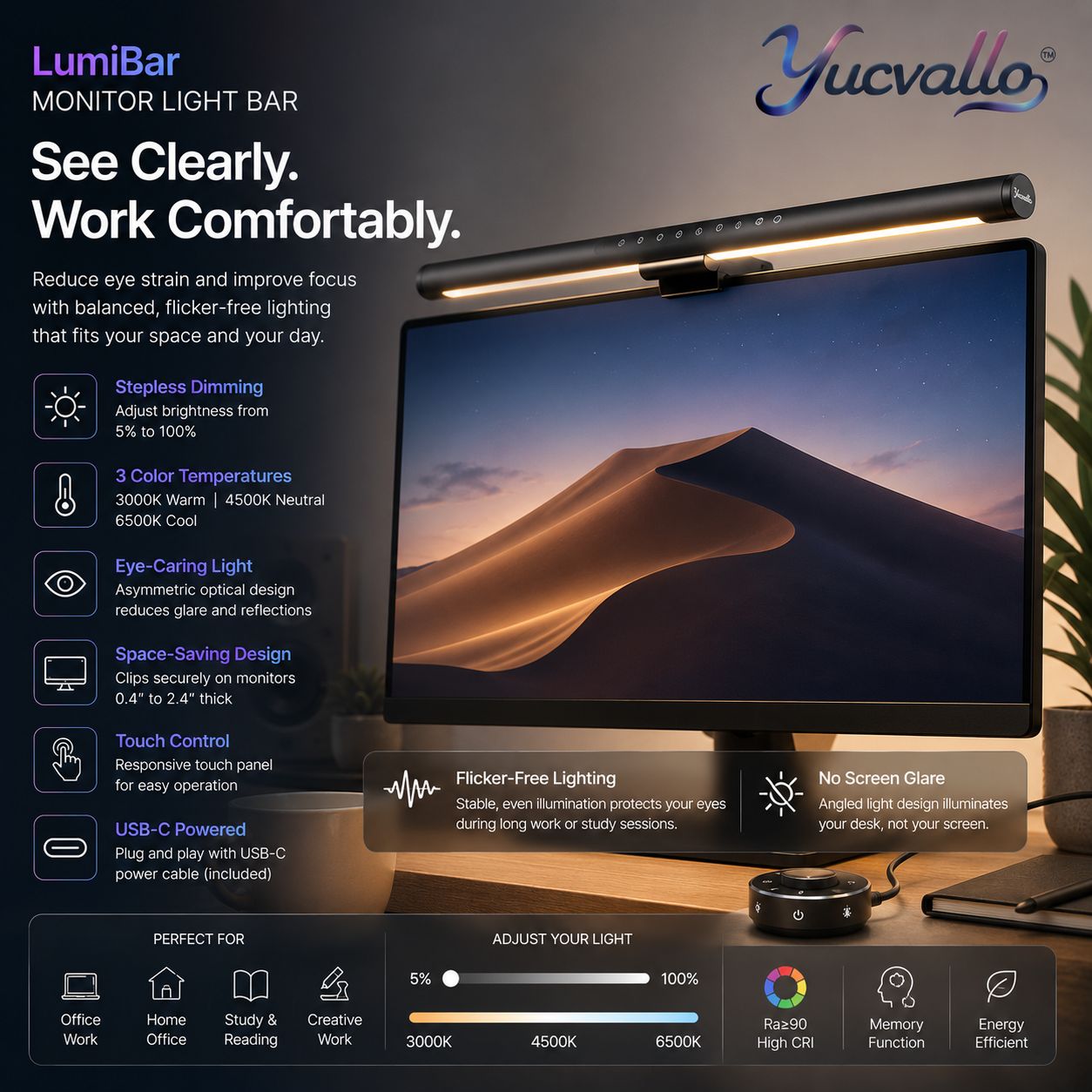 Yucvallo™ LumiBar Monitor Light – USB-C LED Screen Light Bar with Adjustable Brightness & Color Temperature