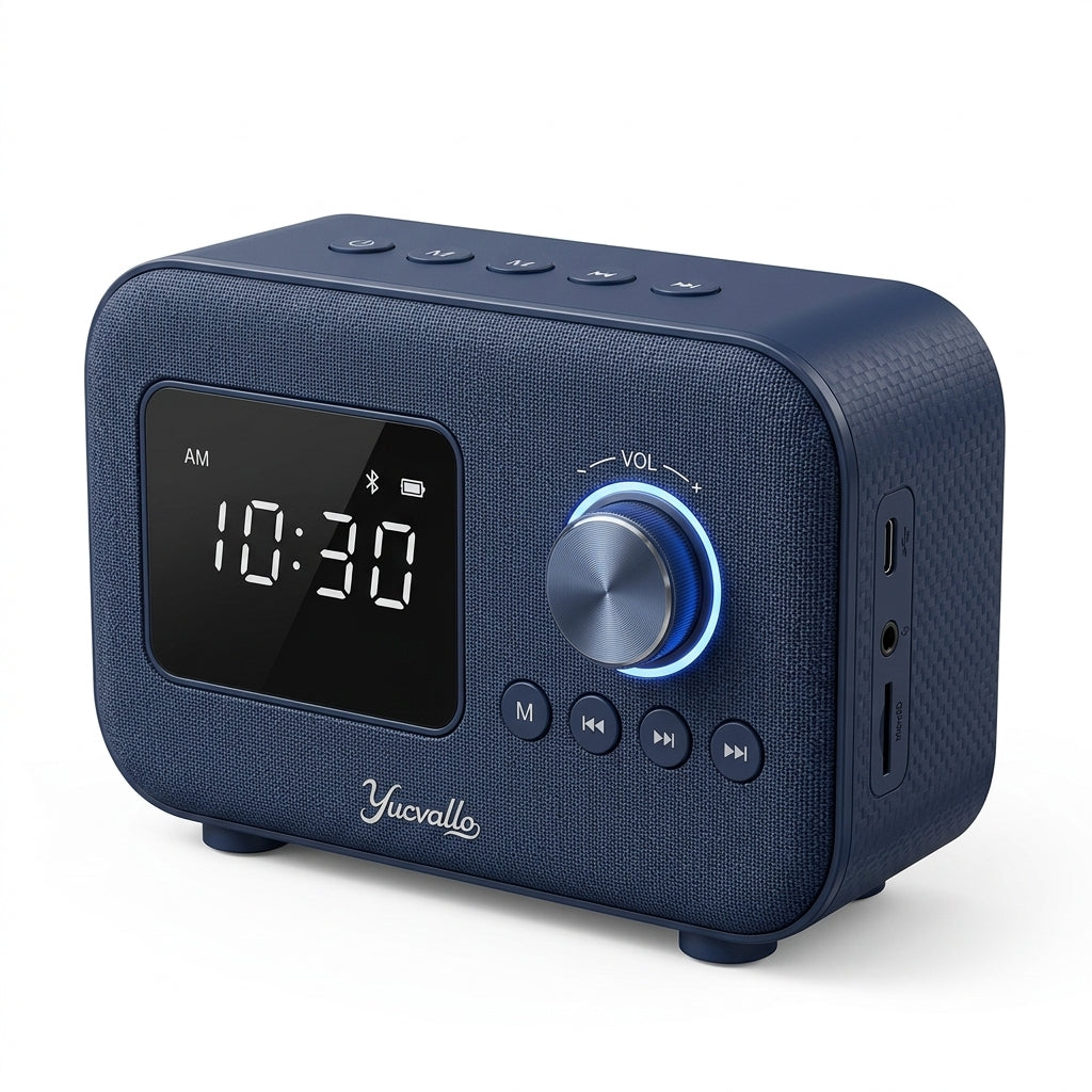 Yucvallo™ MemoWave Bluetooth Radio Speaker – Compact Home Speaker with FM Radio, Digital Clock & USB-C Rechargeable Battery