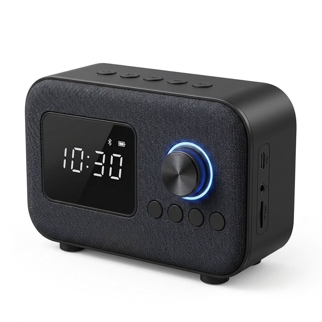Yucvallo™ MemoWave Bluetooth Radio Speaker – Compact Home Speaker with FM Radio, Digital Clock & USB-C Rechargeable Battery
