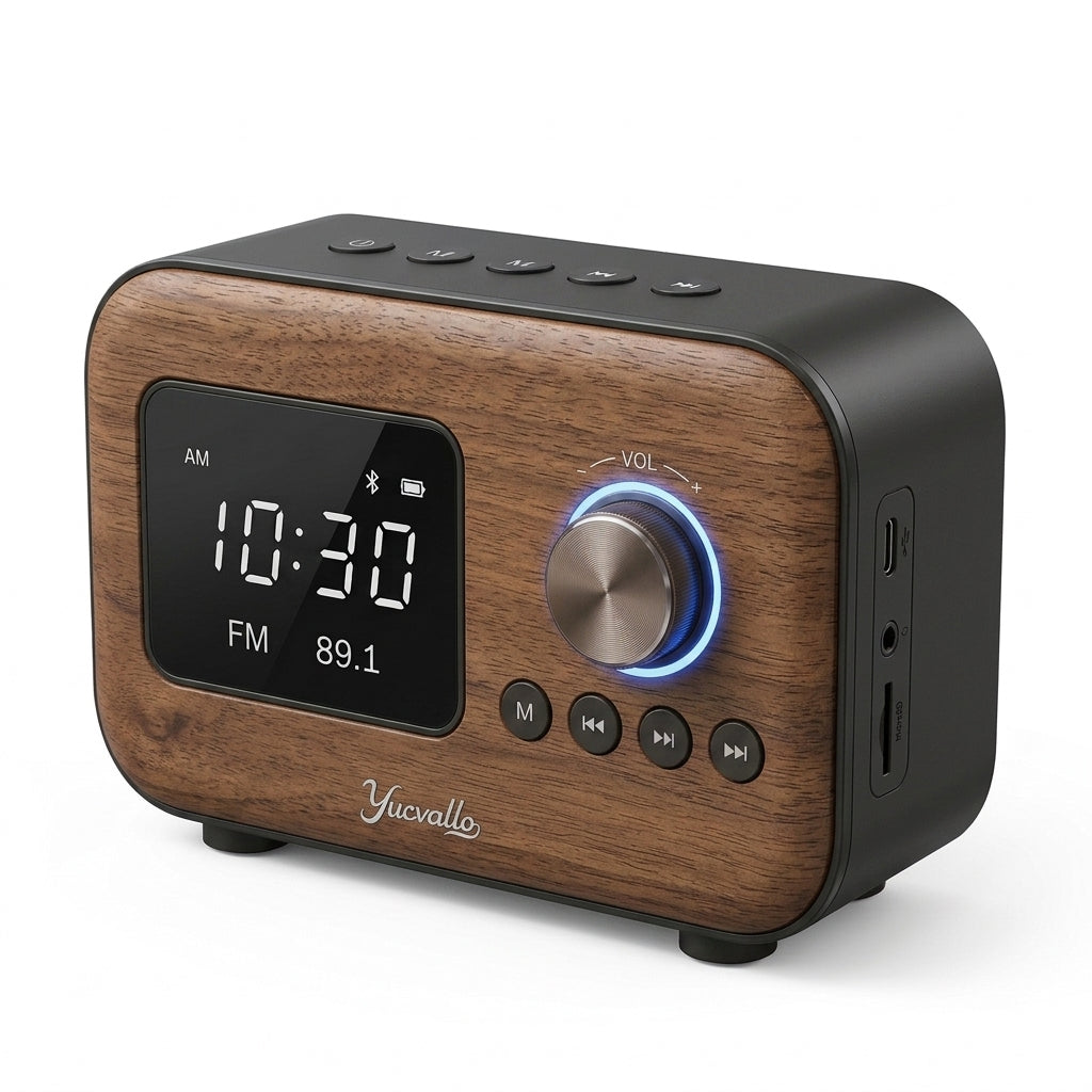 Yucvallo™ MemoWave Bluetooth Radio Speaker – Compact Home Speaker with FM Radio, Digital Clock & USB-C Rechargeable Battery
