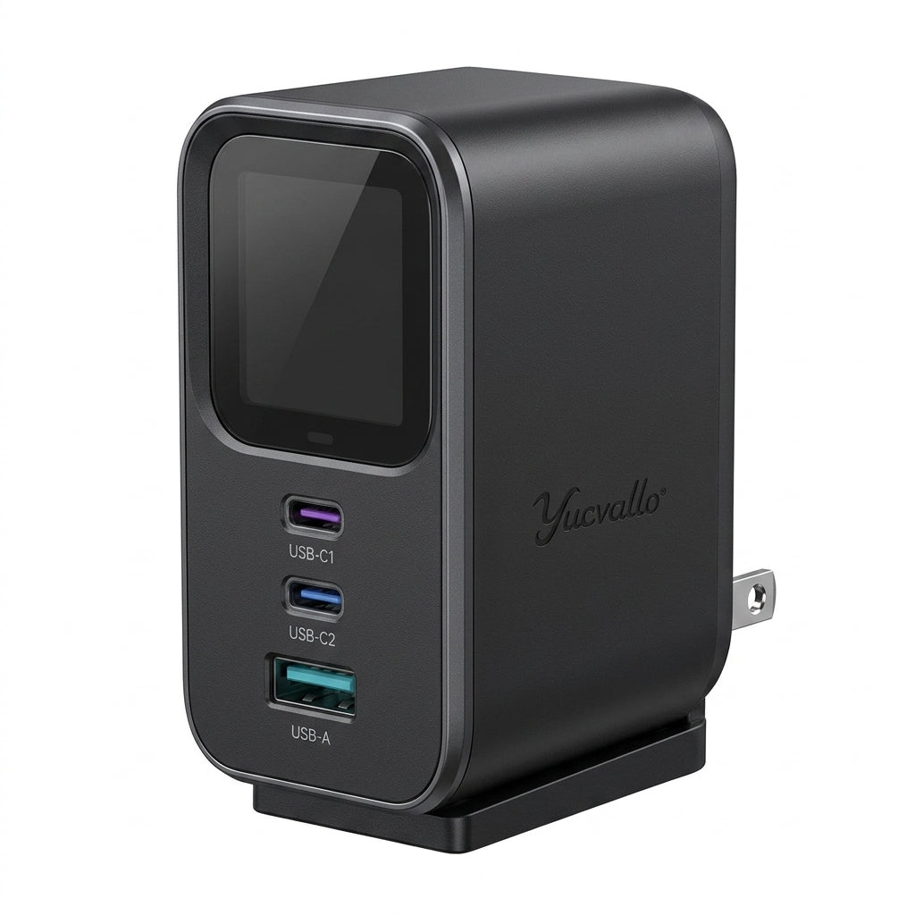 Yucvallo™ VoltView 65W GaN Charging Station – 3-Port USB-C Desktop Charger with Digital Power Display & Foldable U.S. Plug