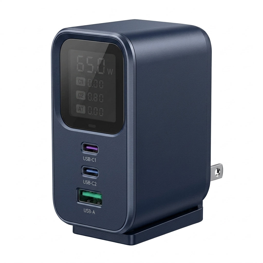 Yucvallo™ VoltView 65W GaN Charging Station – 3-Port USB-C Desktop Charger with Digital Power Display & Foldable U.S. Plug