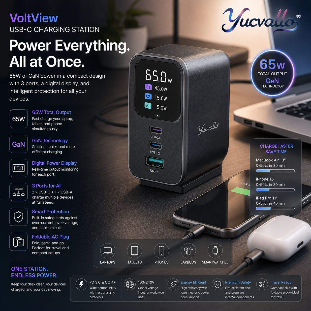 Yucvallo™ VoltView 65W GaN Charging Station – 3-Port USB-C Desktop Charger with Digital Power Display & Foldable U.S. Plug