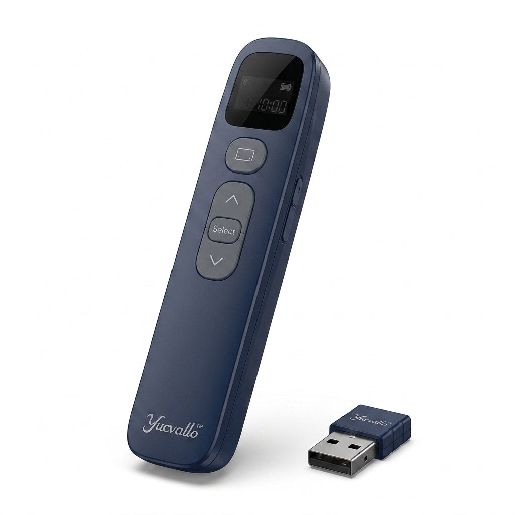 Yucvallo™ AirClick Wireless Presentation Remote – USB-C Rechargeable Presenter with Digital Timer, Spotlight Pointer & Dual Connectivity