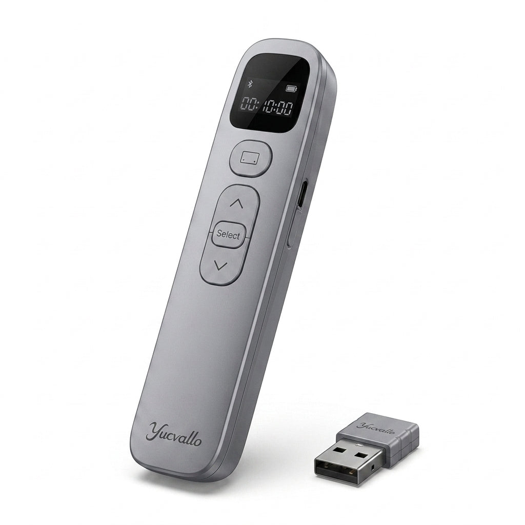 Yucvallo™ AirClick Wireless Presentation Remote – USB-C Rechargeable Presenter with Digital Timer, Spotlight Pointer & Dual Connectivity